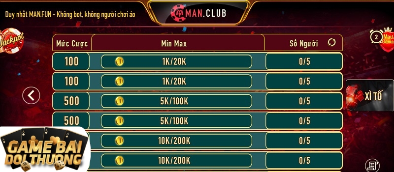 Luật chơi game đánh bài Xì Tố Man Club