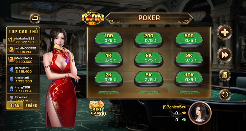 Nhiều bàn chơi Poker iWin với các mức cược cho game thủ